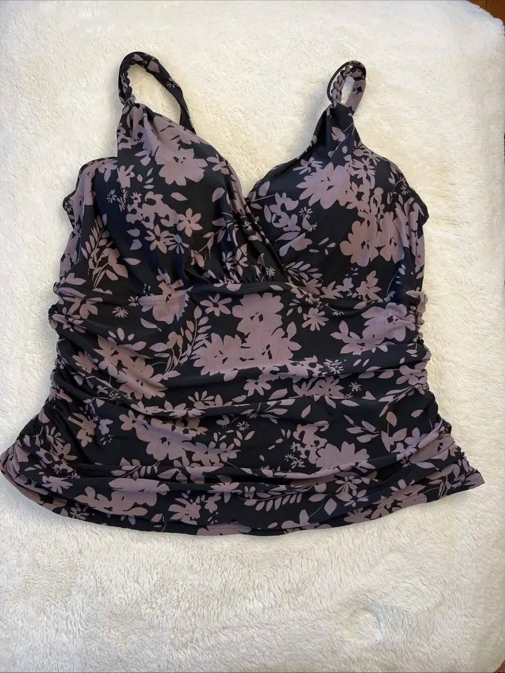 Lands End 16 W Black Brown Floral Print Tankini Swimsuit Swim Tank w/ Bra Boho
